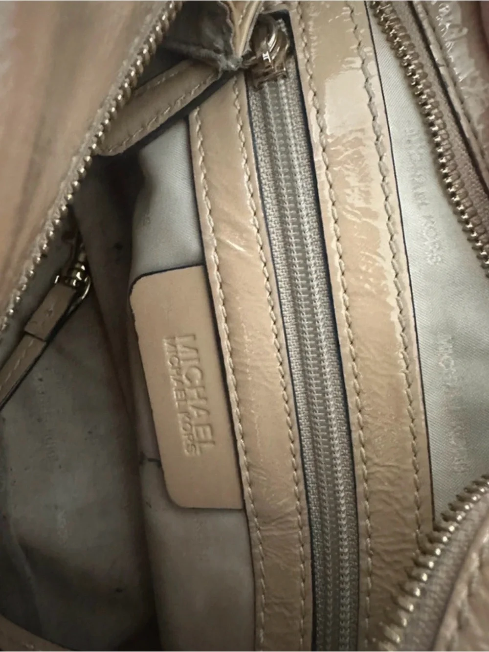 Michael Kors Quilted Patent Satchel in Tan
